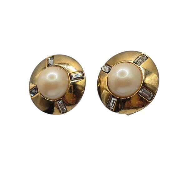 Imitation Pearl Earrings Baguette Rhinestones Round Dome Vintage Clip On - Picture 2 of 9
